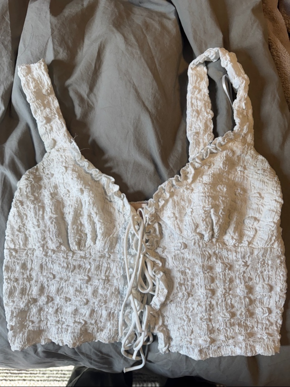 White Smocked Lace-Up Crop Top